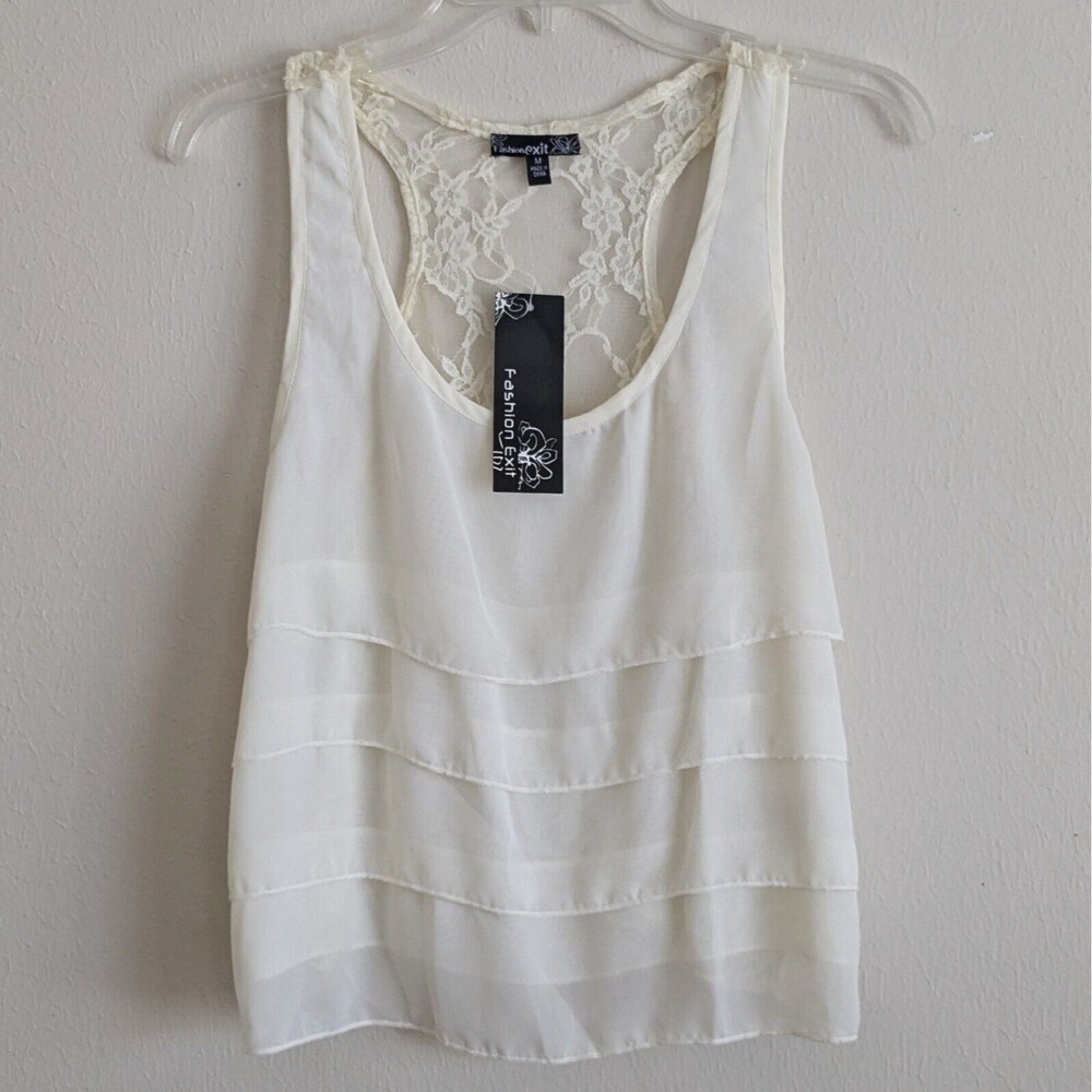 Fashion Exit Cream/Ivory Dressy Tank Boho  Layer Ruffle Front/Lace Back Sz M NWT
